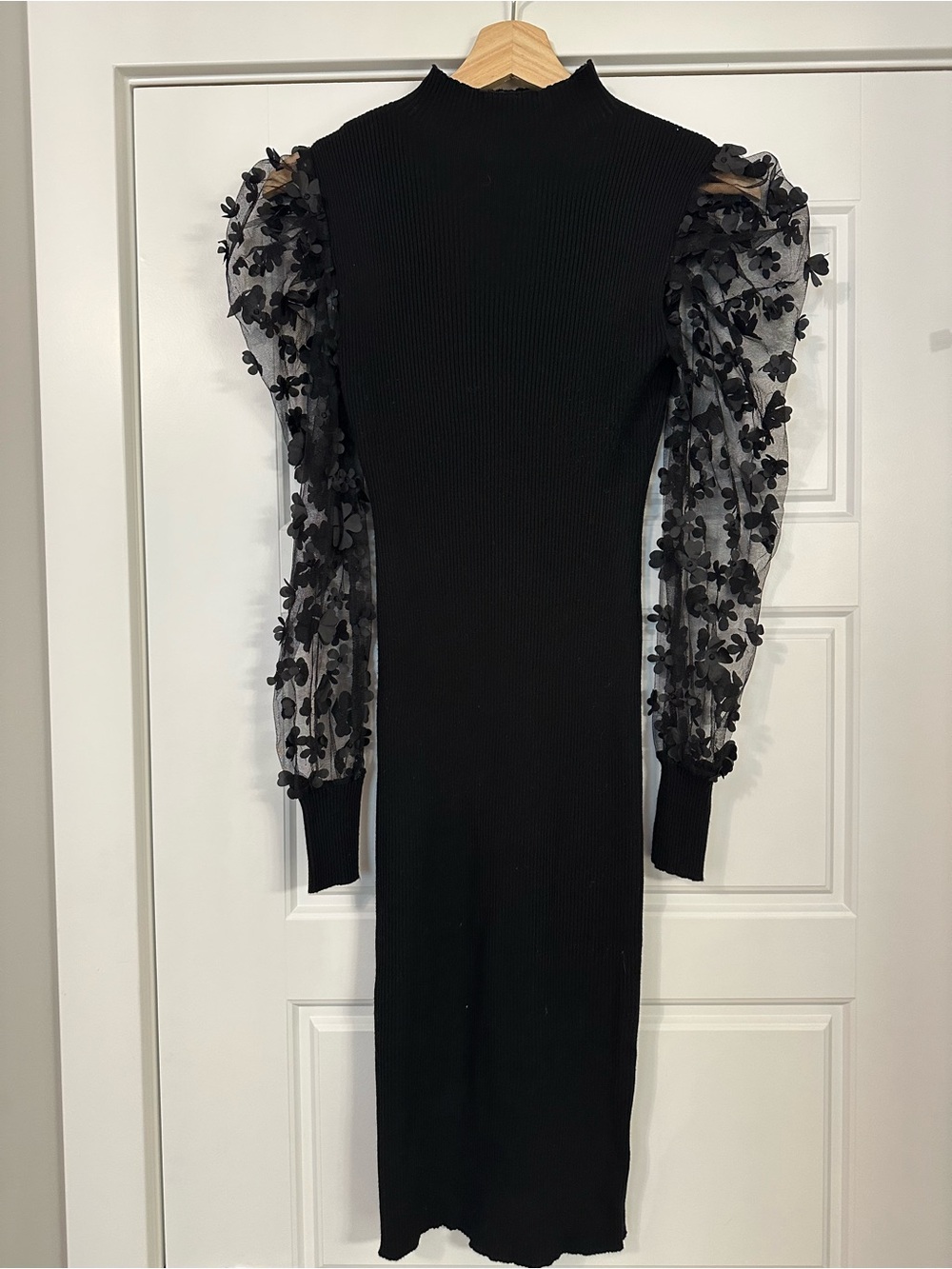 Almost Famous Black Knit Dress with Sheer Floral Puff Sleeves